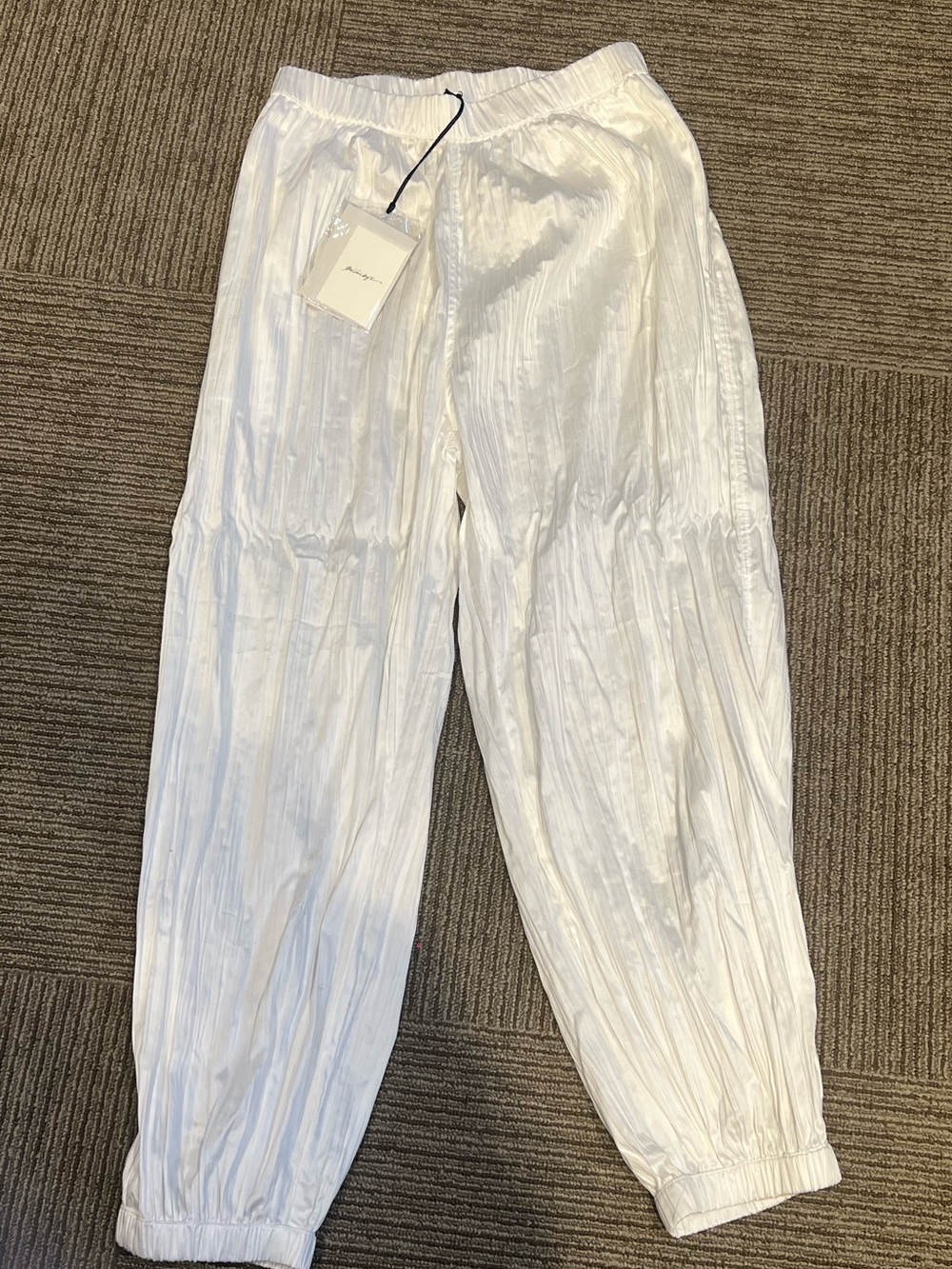 White Crinkled Elastic Waist Pants